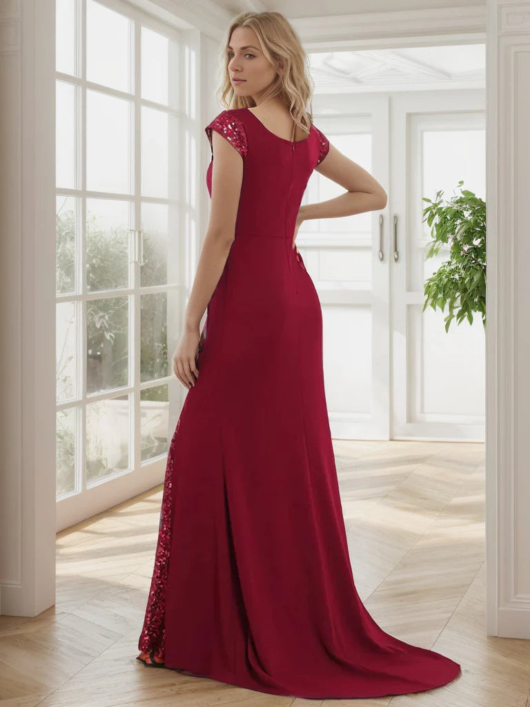 Sequin Cap Sleeve V-Neck A-Line Evening Dress