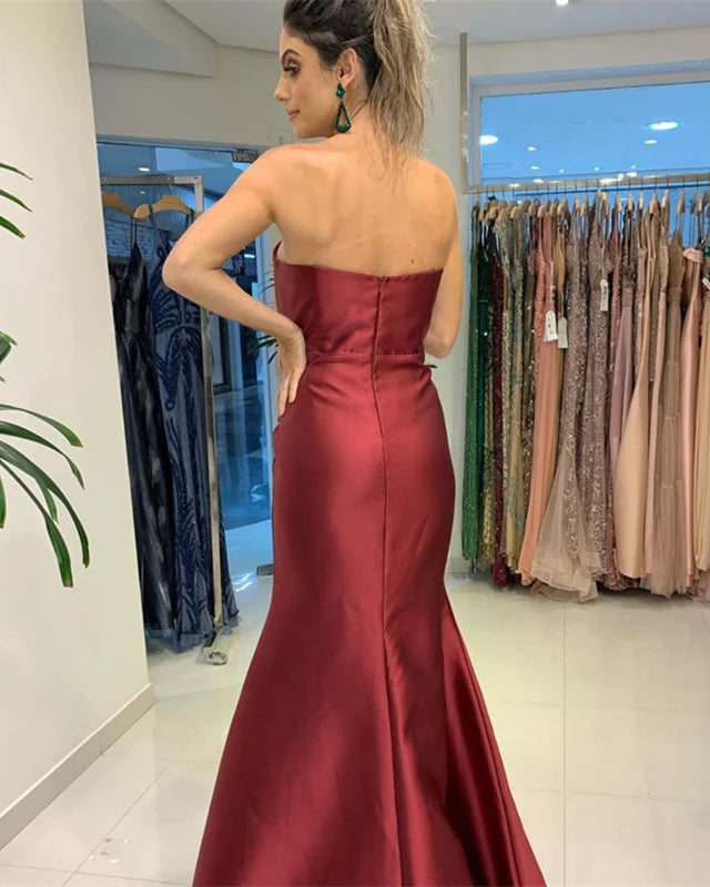Rust Red Straps Satin Mermaid Long Party Dress Elegant Evening Gown, DP3347