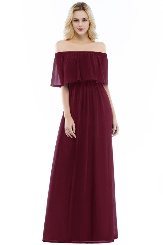 A-line Off-the-Shoulder Short-Sleeves Ruffles Floor-length Bridesmaid Dress