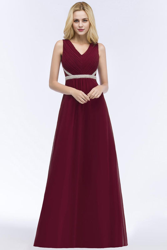 A-line V-neck Long-Sleeveless Ruffled Floor-Length Bridesmaid Dresses with