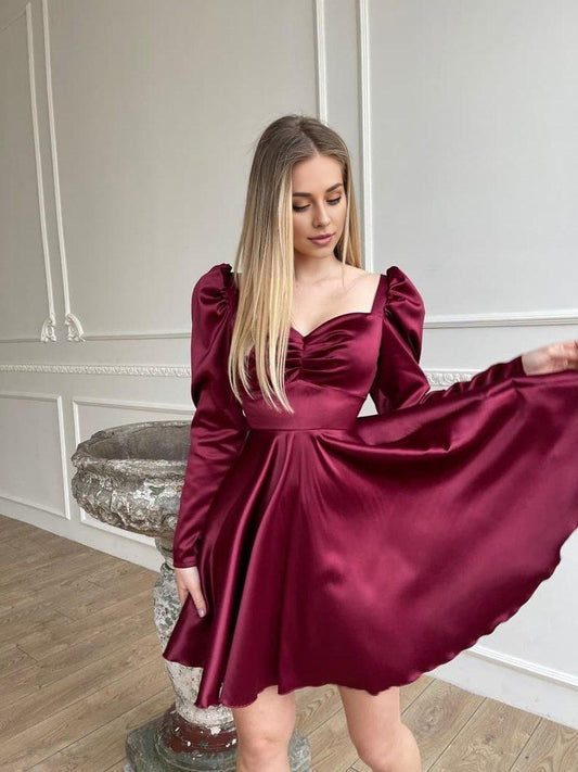 Burgundy Flared Dress Satin Mini Dress Short Prom Dress Dress With Full Circle Skirt Long Sleeves Dress