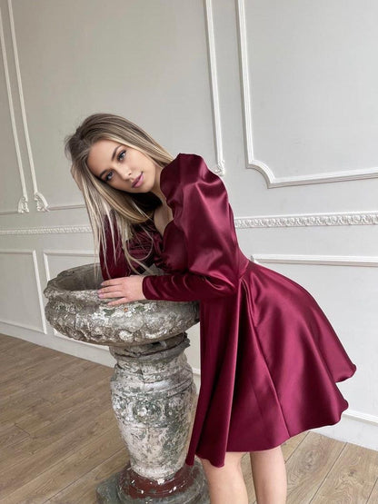 Burgundy Flared Dress Satin Mini Dress Short Prom Dress Dress With Full Circle Skirt Long Sleeves Dress