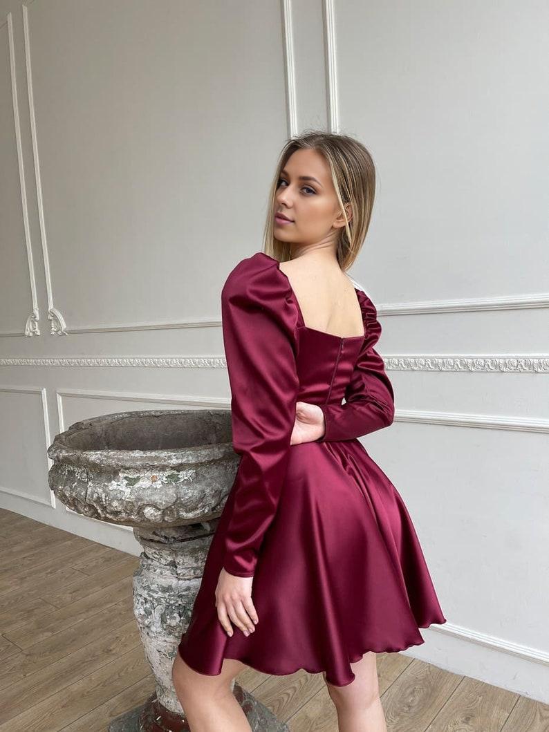 Burgundy Flared Dress Satin Mini Dress Short Prom Dress Dress With Full Circle Skirt Long Sleeves Dress