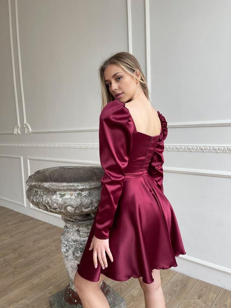 Burgundy Flared Dress Satin Mini Dress Short Prom Dress Dress With Full Circle Skirt Long Sleeves Dress