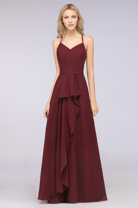 A-Line Halter V-Neck Sleeveless Floor-Length Bridesmaid Dress