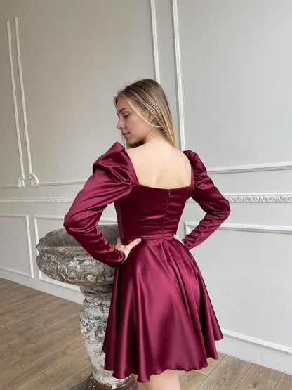 Burgundy Flared Dress Satin Mini Dress Short Prom Dress Dress With Full Circle Skirt Long Sleeves Dress