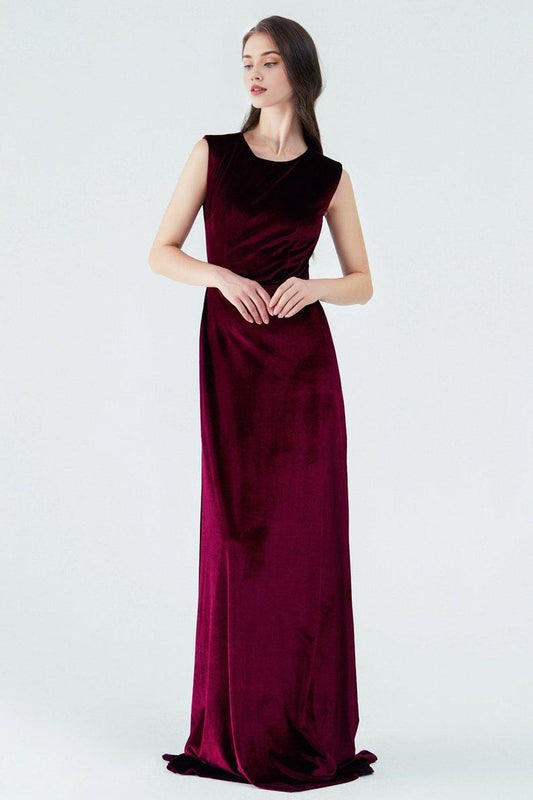 Burgundy Sleeveless Velvet Prom Dress with Floor-length Design & Button-back Detail