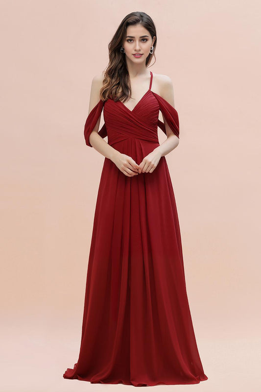 Dark Red Spaghetti Strap Sweetheart A-Line Off the Shoulder Bridesmaid Gown with Ruffles