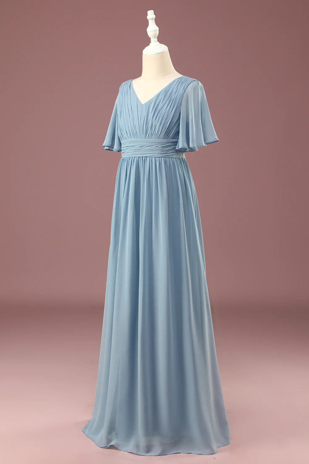 A-line Chiffon V-neck Floor Length Short Sleeves Junior Bridesmaid Dress