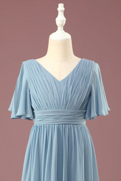 A-line Chiffon V-neck Floor Length Short Sleeves Junior Bridesmaid Dress