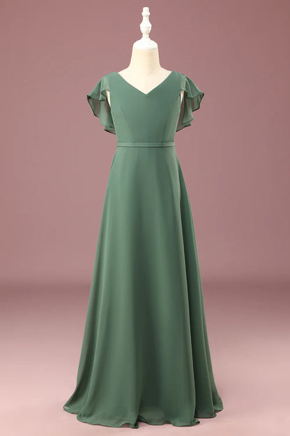 A-line Eucalyptus Chiffon Long Cap Sleeve Junior Bridesmaid Dress