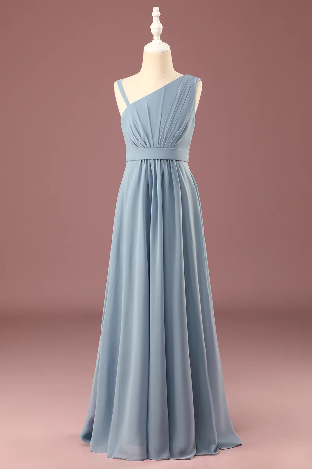 Dusty Blue One Shoulder A-line Chiffon Pleated Floor Length Junior Bridesmaid Dress