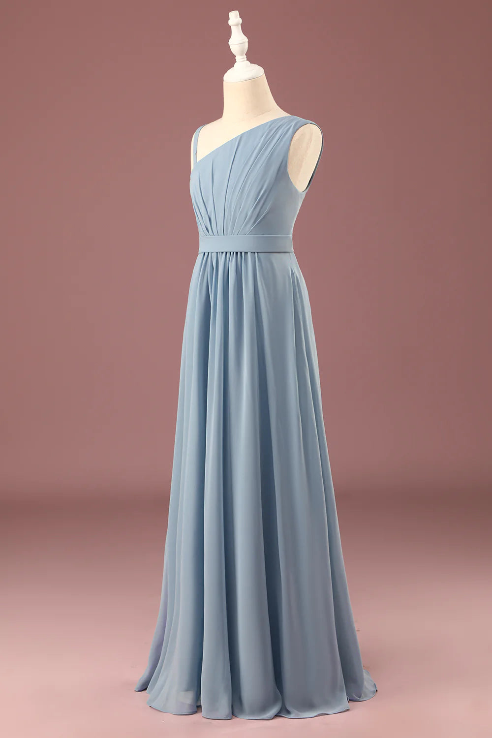 Dusty Blue One Shoulder A-line Chiffon Pleated Floor Length Junior Bridesmaid Dress