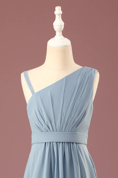 Dusty Blue One Shoulder A-line Chiffon Pleated Floor Length Junior Bridesmaid Dress