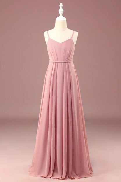 Dusty Rose A-line Chiffon Spaghetti Straps Long Pleated Junior Bridesmaid Dress