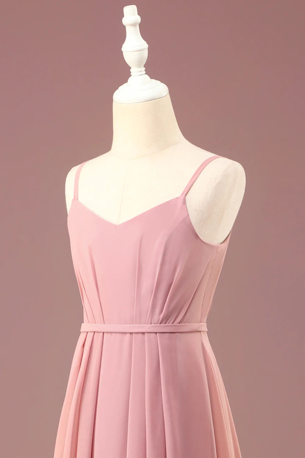 Dusty Rose A-line Chiffon Spaghetti Straps Long Pleated Junior Bridesmaid Dress