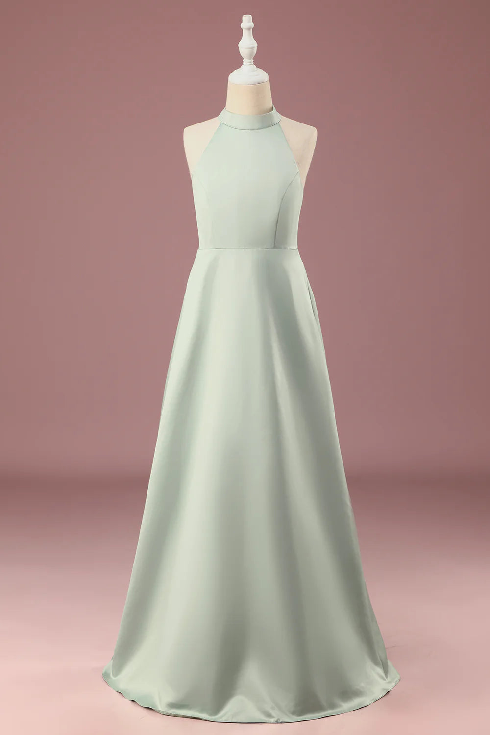 Matcha Satin A-line Halter Sleeveless Long Junior Bridesmaid Dress