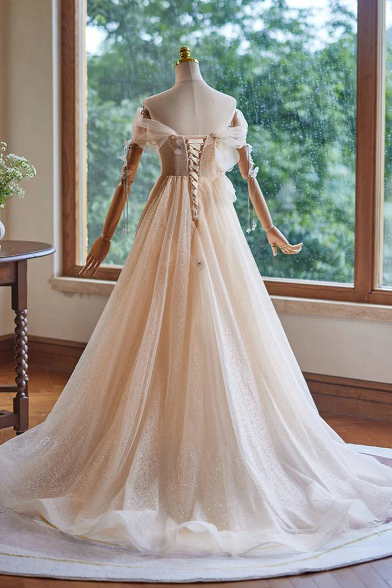 Off the Shoulder Champagne Appliques Long Prom Dress