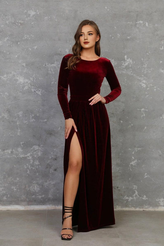 Dark Burgundy Dress Prom Dress Velvet Dress Deep V Open Back Long Sleeve Dress High Wrap Slit Evening Dress