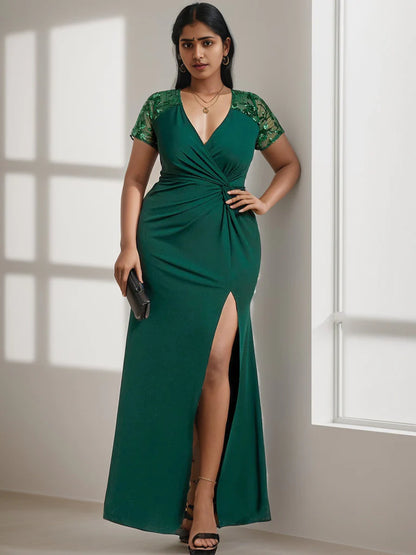 Plus Size Front Slit Short Sleeve With Sequin Mother of the Bride Dress