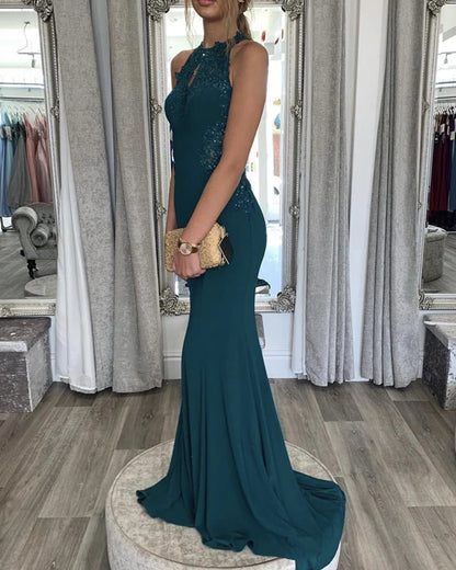 Jersey Mermaid Evening Dresses Halter Neck Lace Appliques