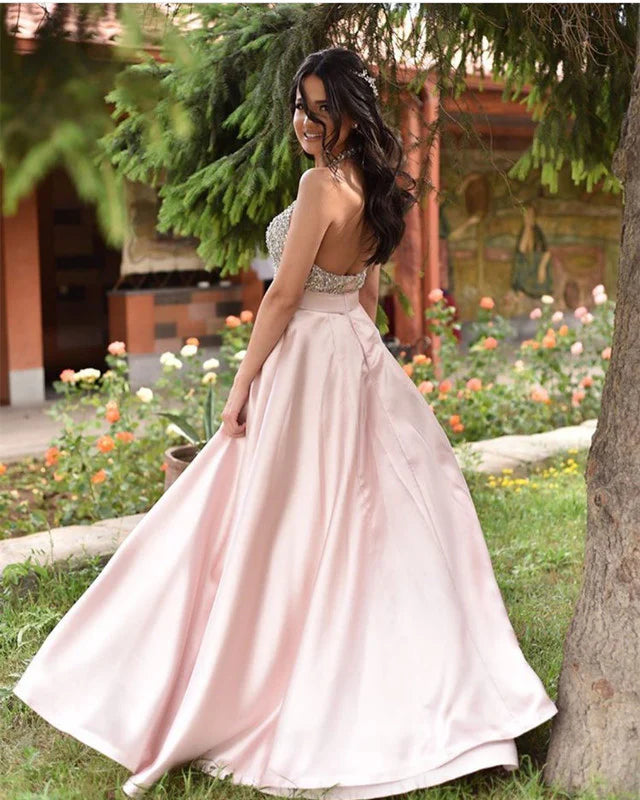 Halter Evening Dresses Long Satin Beaded Open Back