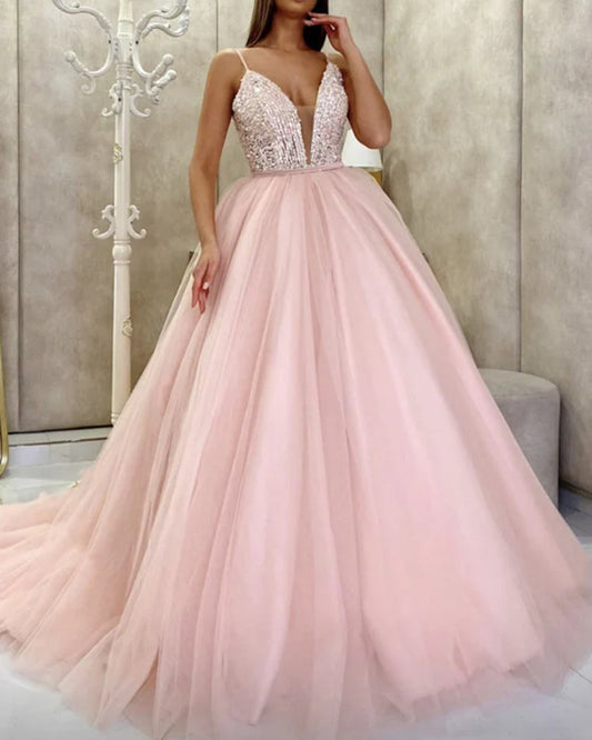 Tulle Ball Gown Plunge Neck Evening Dresses With Sequins