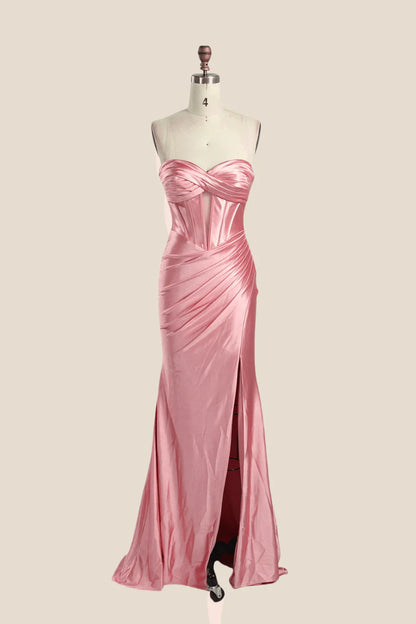 Sweetheart Pink Ruched Long Prom Dress with Keyhole