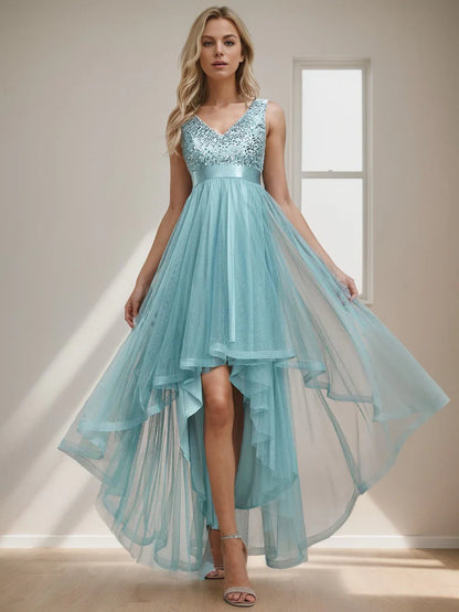 DingjiSleeveless Sequin Ribbon Waist Tulle High Low Evening Dress