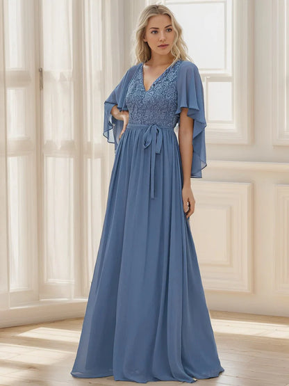 Deep V Neck Lace Bodice Long Flowy Evening Dress