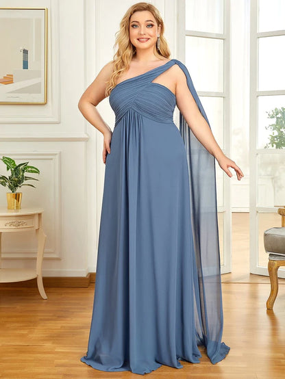 One Shoulder Chiffon Gown with Pleated Top Ocean Blue Plus Size