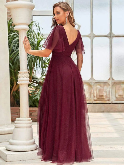 Cute Deep V Neck Maxi A-Line Tulle Evening Dress