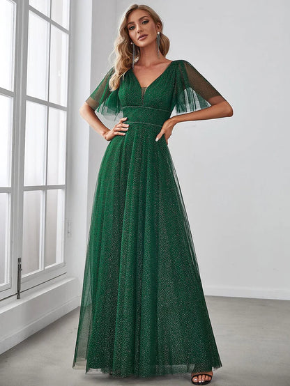 Cute Deep V Neck Maxi A-Line Tulle Evening Dress