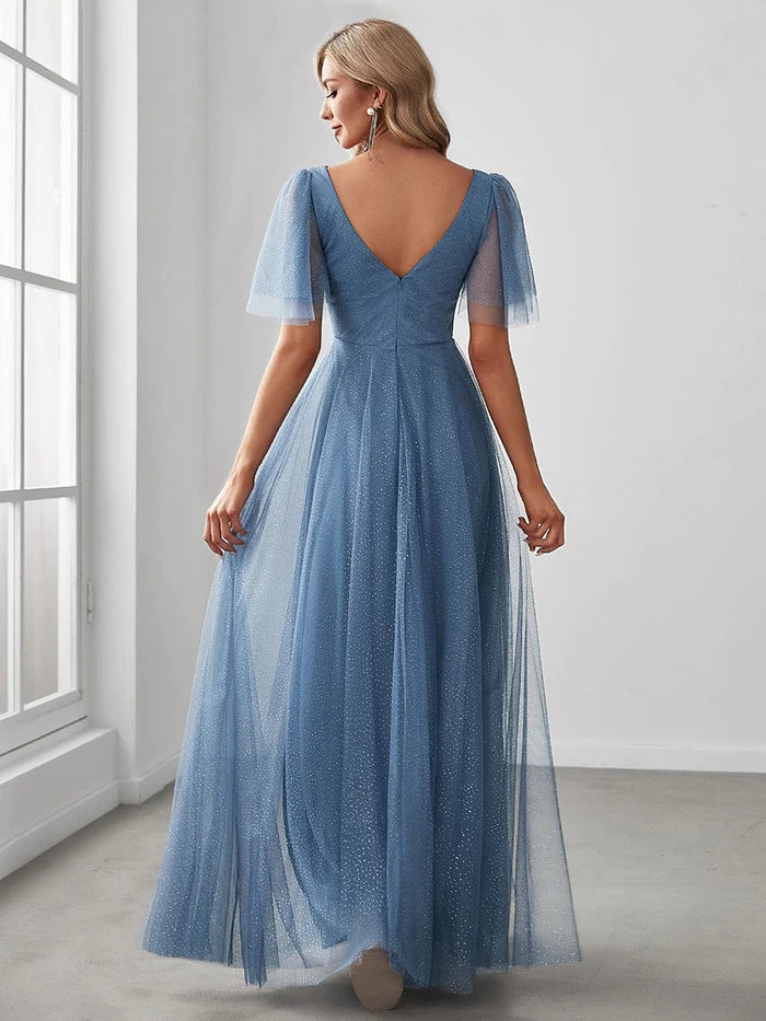 Cute Deep V Neck Maxi A-Line Tulle Evening Dress