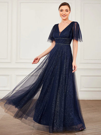 Cute Deep V Neck Maxi A-Line Tulle Evening Dress