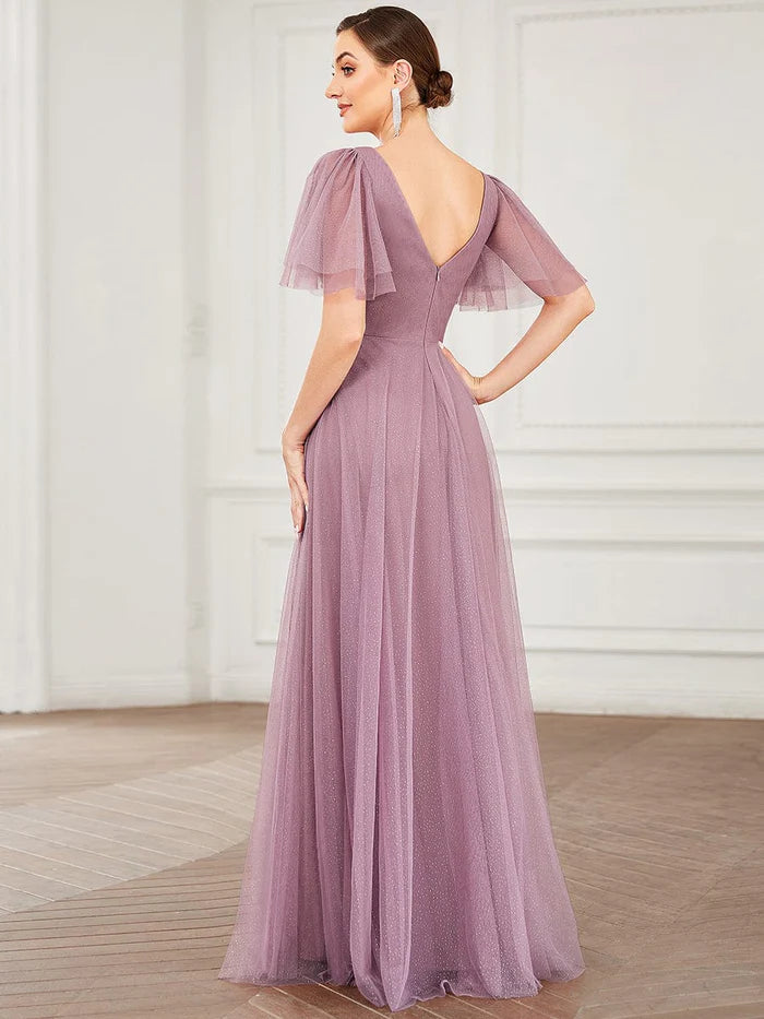 Cute Deep V Neck Maxi A-Line Tulle Evening Dress