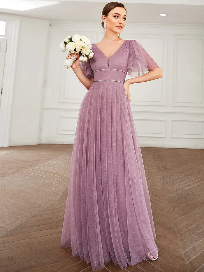 Cute Deep V Neck Maxi A-Line Tulle Evening Dress