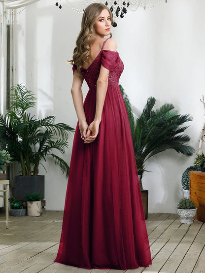 A-Line Sweetheart Neckline Ruffle Sleeve Tulle Bridesmaid Dress With Sequin