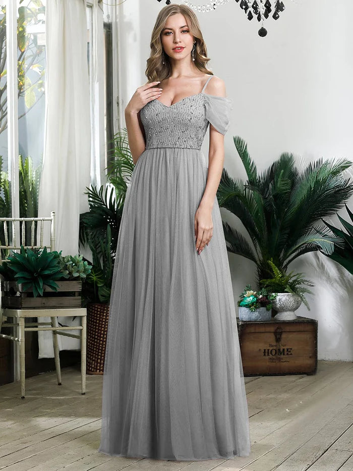 A-Line Sweetheart Neckline Ruffle Sleeve Tulle Bridesmaid Dress With Sequin