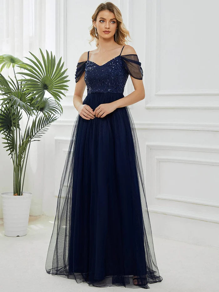 A-Line Sweetheart Neckline Ruffle Sleeve Tulle Bridesmaid Dress With Sequin