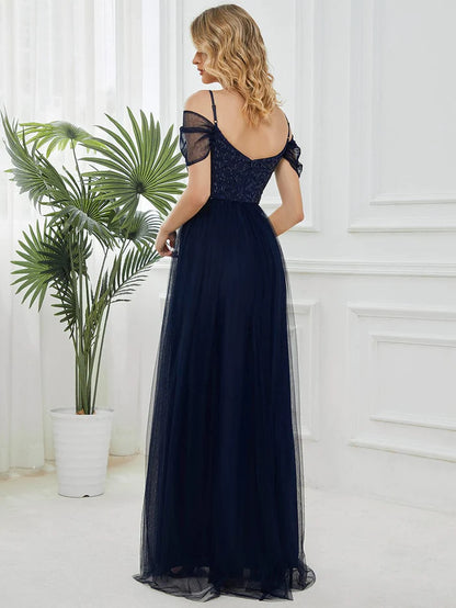 A-Line Sweetheart Neckline Ruffle Sleeve Tulle Bridesmaid Dress With Sequin