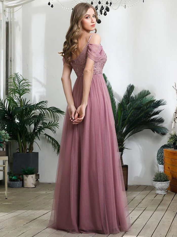 A-Line Sweetheart Neckline Ruffle Sleeve Tulle Bridesmaid Dress With Sequin