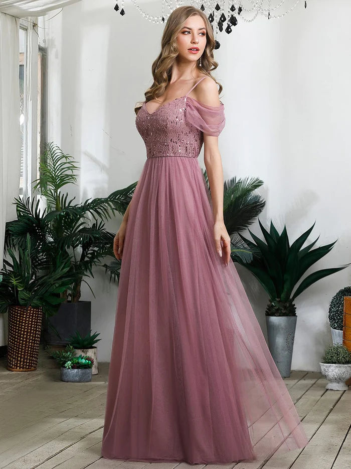 A-Line Sweetheart Neckline Ruffle Sleeve Tulle Bridesmaid Dress With Sequin