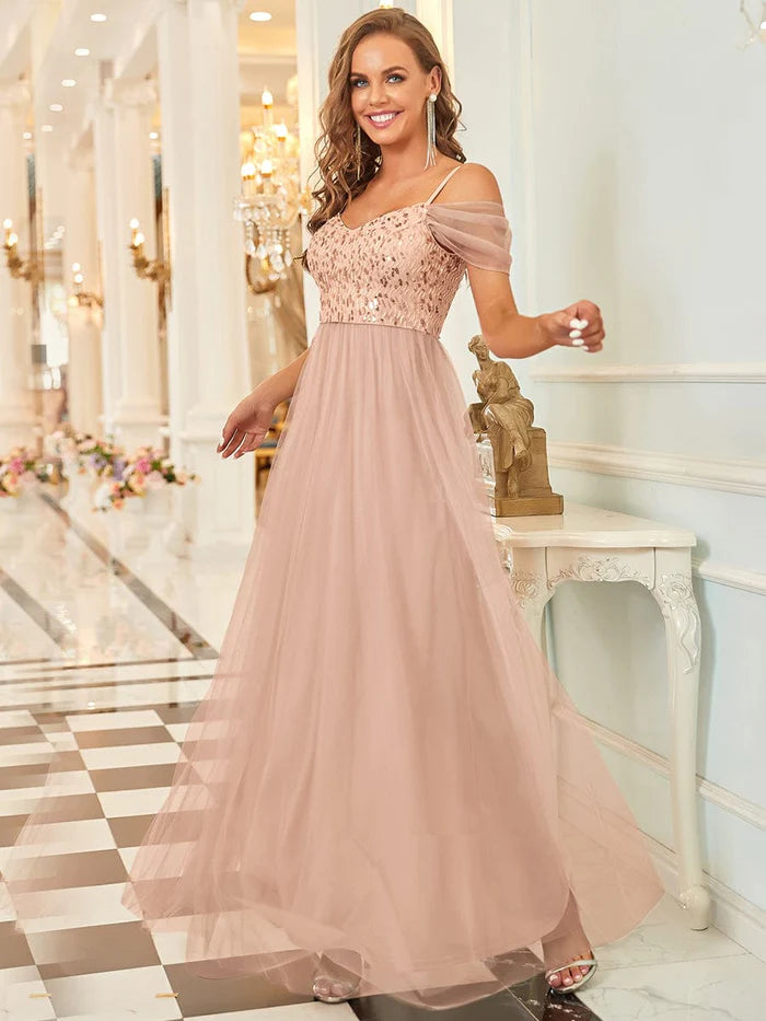 A-Line Sweetheart Neckline Ruffle Sleeve Tulle Bridesmaid Dress With Sequin