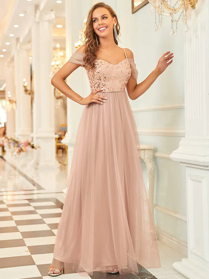 A-Line Sweetheart Neckline Ruffle Sleeve Tulle Bridesmaid Dress With Sequin