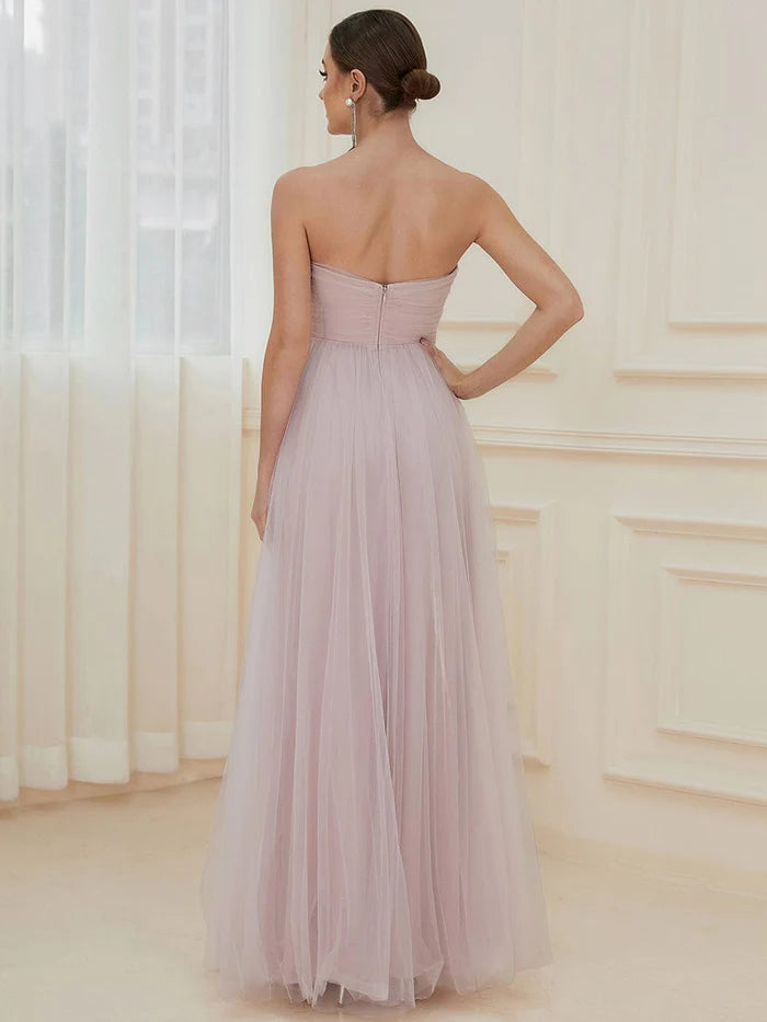 Front Slit Tulle High Slit Strapless Tube A-Line Evening Dress