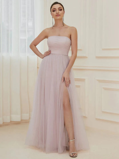 Front Slit Tulle High Slit Strapless Tube A-Line Evening Dress