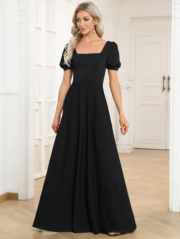 A-Line Floor-Length Square Neck Caged Back Evening Dress