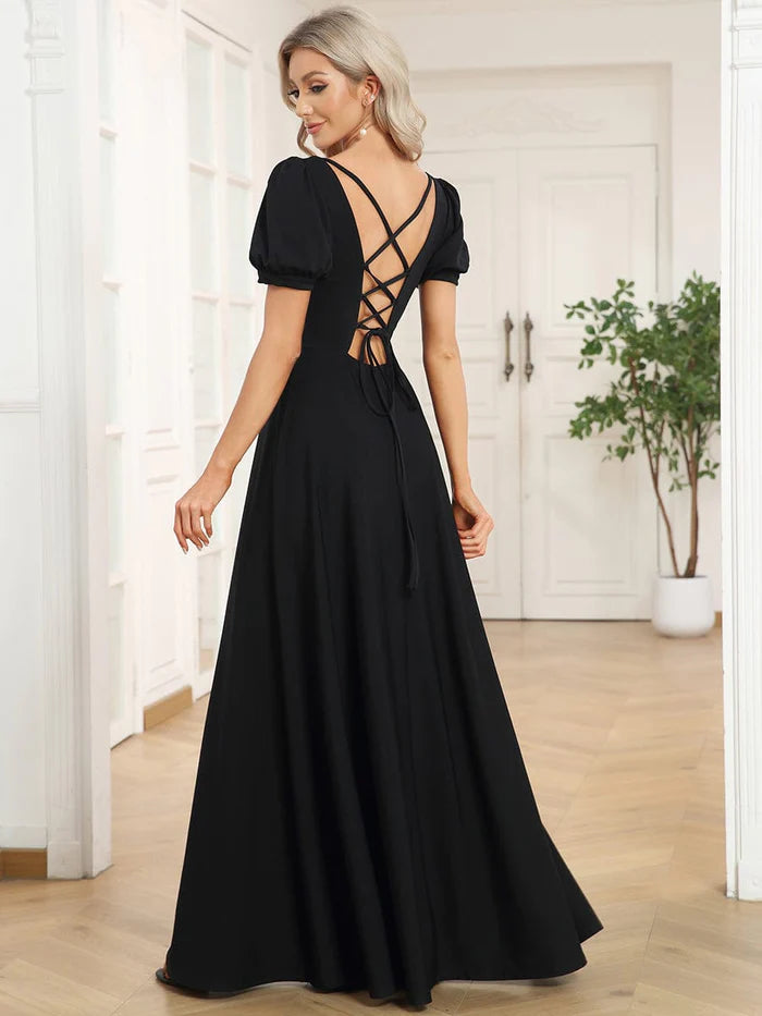 A-Line Floor-Length Square Neck Caged Back Evening Dress