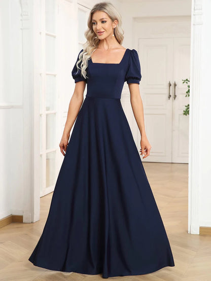 A-Line Floor-Length Square Neck Caged Back Evening Dress